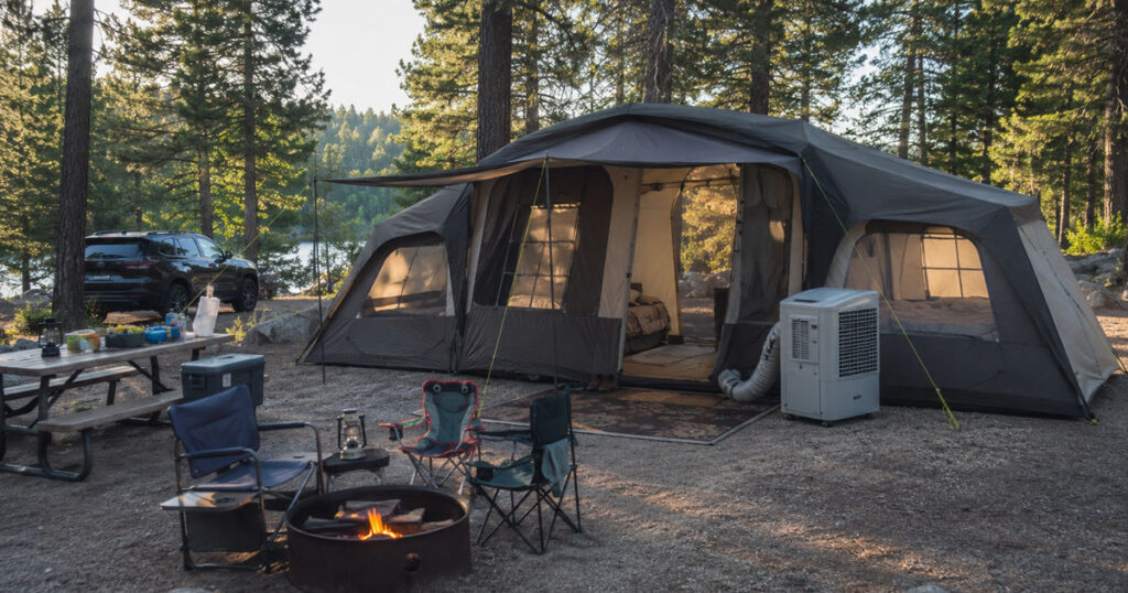 Large family cabin tent with a portable air conditioner unit outside the AC port