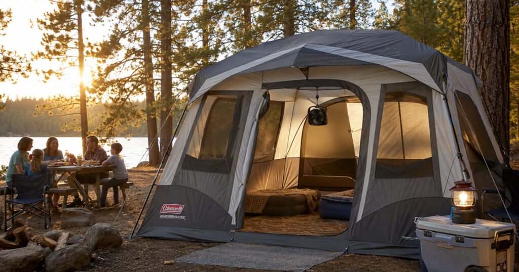 Rechargeable tent fan hanging inside a family camping tent
