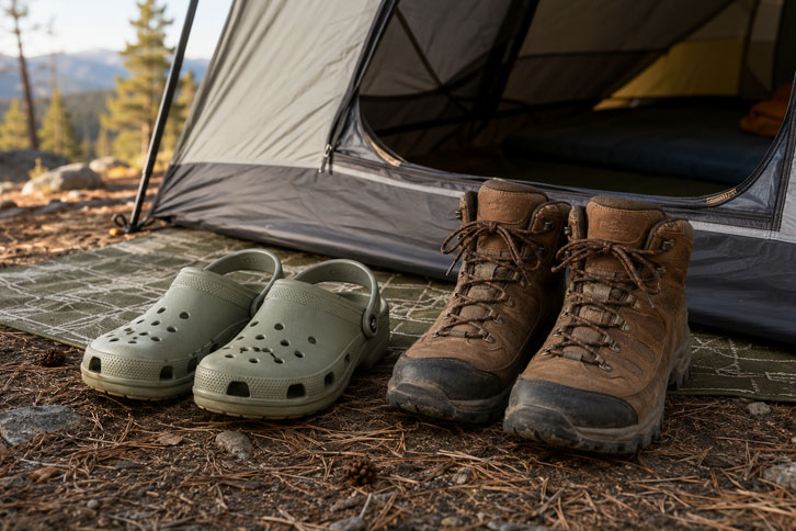 camp shoes and hiking boots outside a family tent