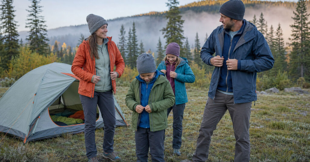 family dressed in camping layers at a campsite in the morning