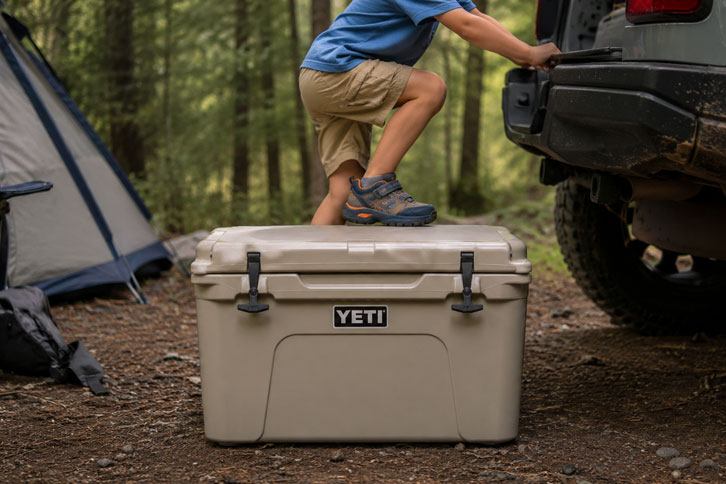 child sitting on a camping cooler used as a bench