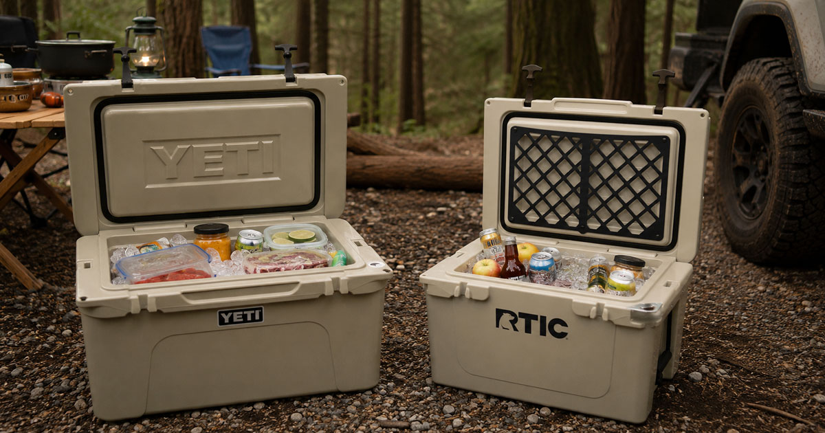 YETI Tundra 45 and RTIC 45 coolers side by side at a campsite
