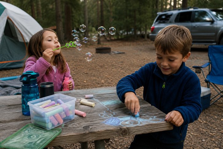 kids entertained with dollar store bubbles and chalk at a family campsite