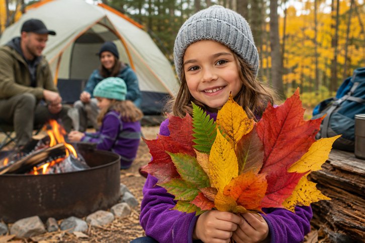 kid collecting fall leaves on camping trip nature scavenger hunt