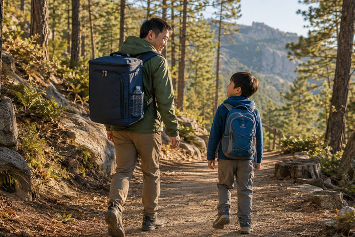 backpack soft cooler worn on a family day hike - best soft cooler camping