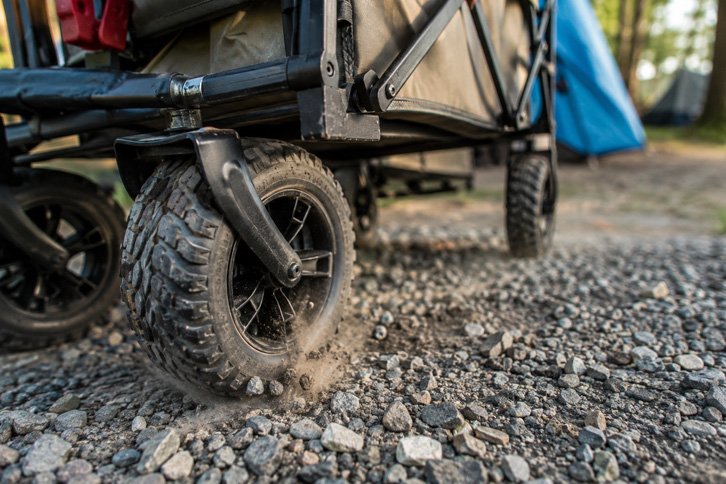 All-terrain wagon wheels rolling over a gravel campground road - best camping wagon