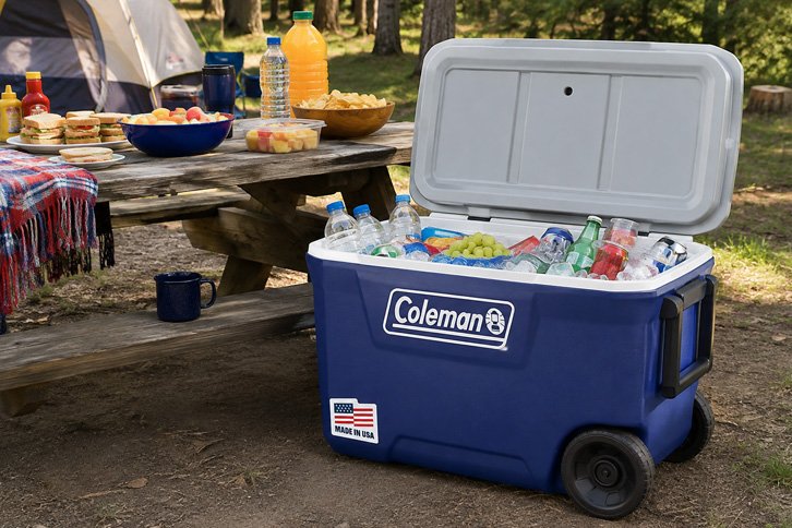 Coleman Xtreme wheeled cooler being pulled across campground gravel