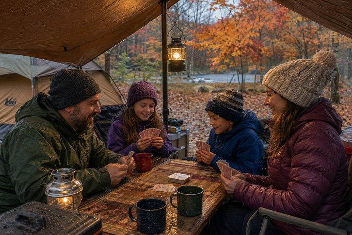 family under tarp at campsite fall camping rain shelter