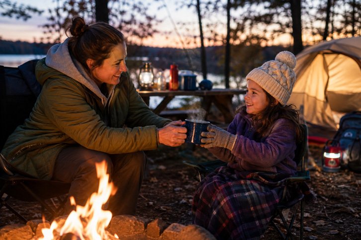 hot chocolate at campfire fall camping with kids bedtime routine