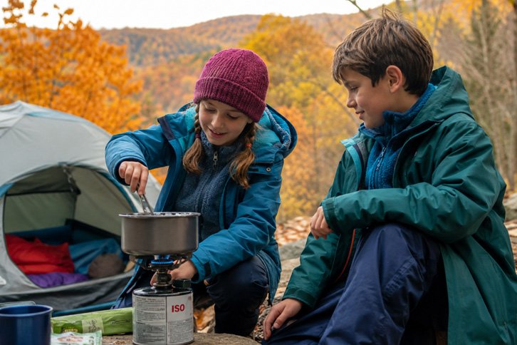 children layered in fleece and rain jackets for fall camping - Fall Camping tips
