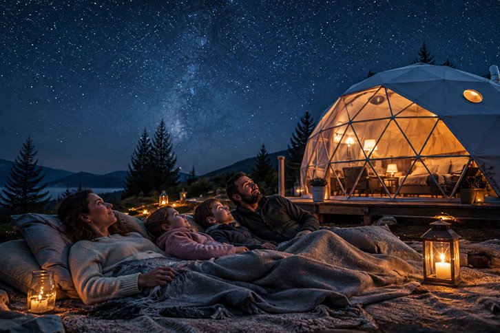 Family stargazing outside a geodesic dome while glamping