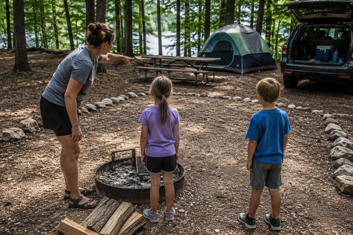 Parent giving kids a safety talk about campsite boundaries and the fire pit