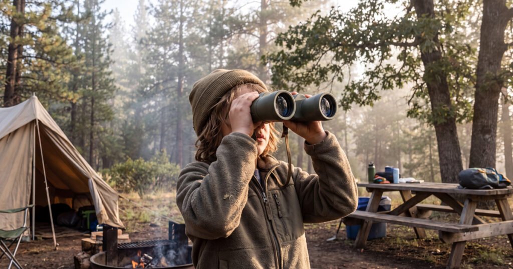 kid using binoculars for nature watching at a family campsite