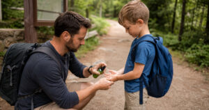 applying bug spray to child before camping hike