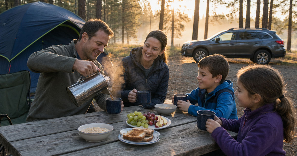 family drinking coffee from a camping percolator at sunrise