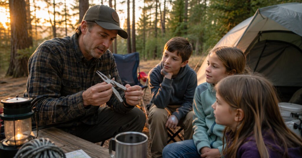 Parent demonstrating a Leatherman Wave+ multi-tool at a family campsite