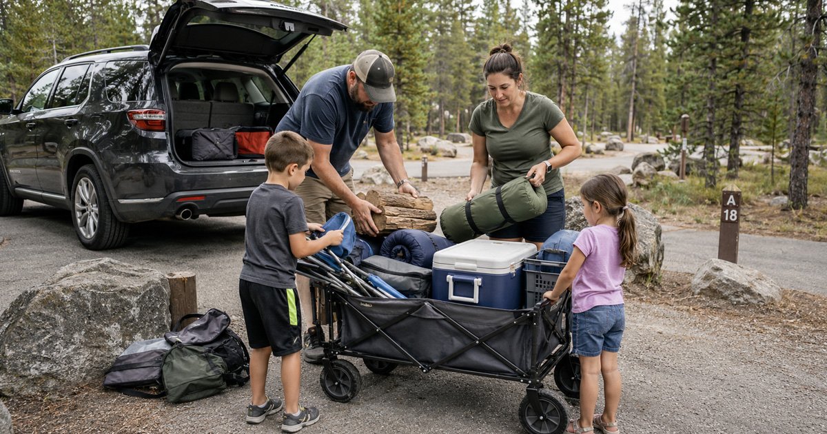 Family loading a camping wagon with gear at the campsite