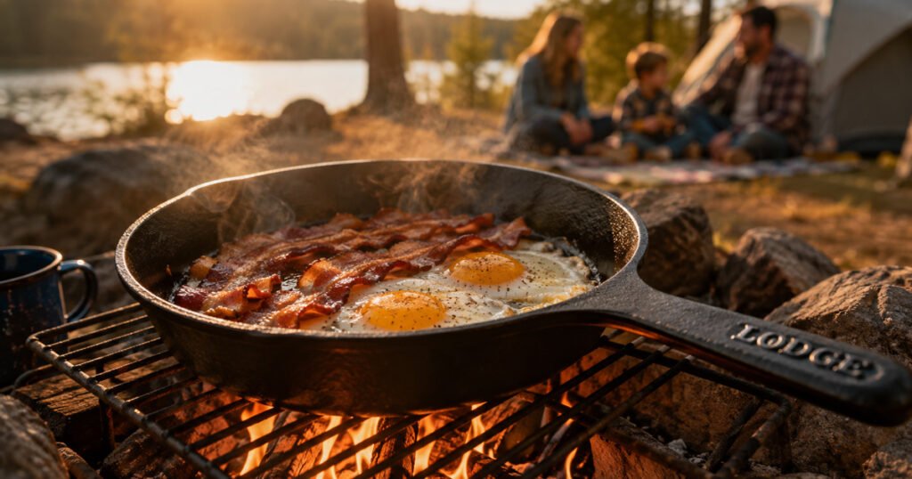 Cast iron skillet cooking bacon and eggs over a campfire for a family camping breakfast
