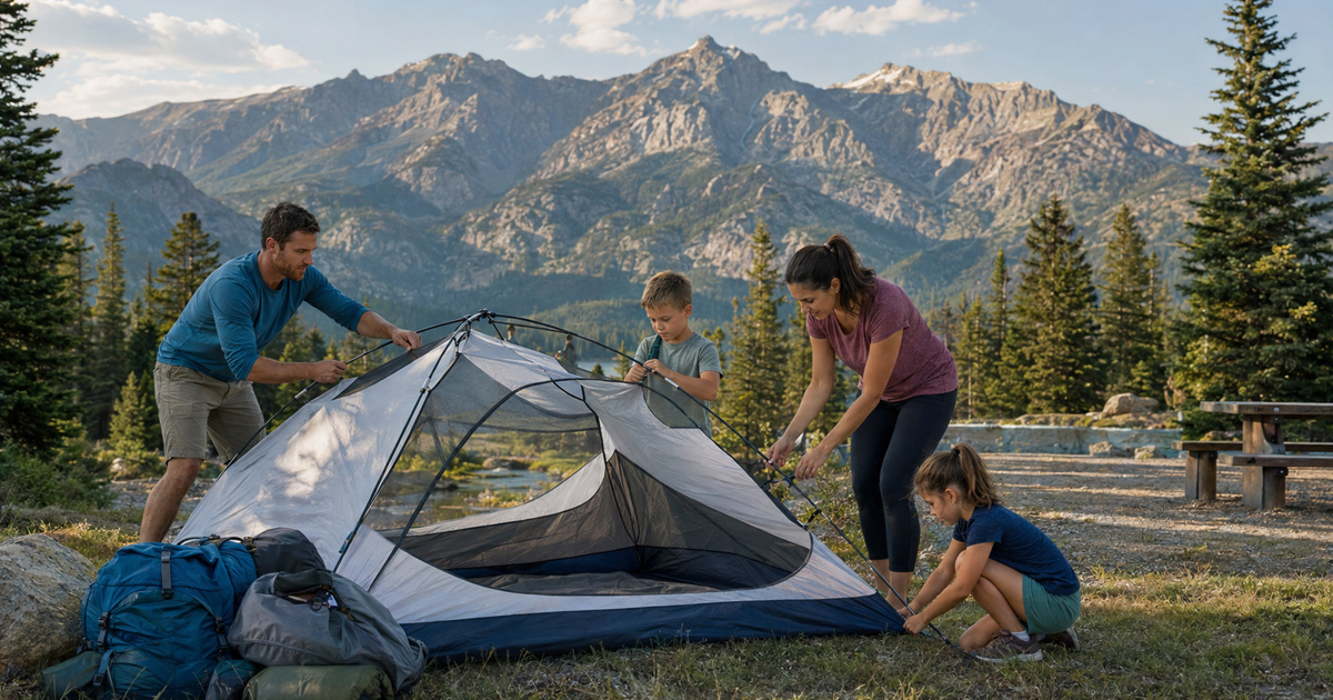 family camping in national park with mountain view