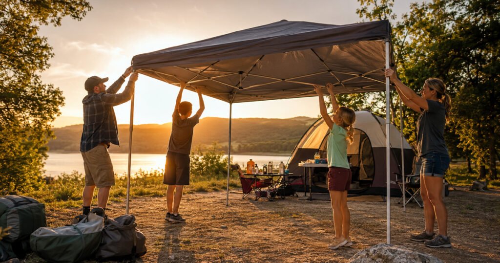 Family setting up a pop-up canopy at their campsite