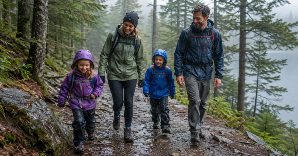 Family camping in rain jackets on a trail