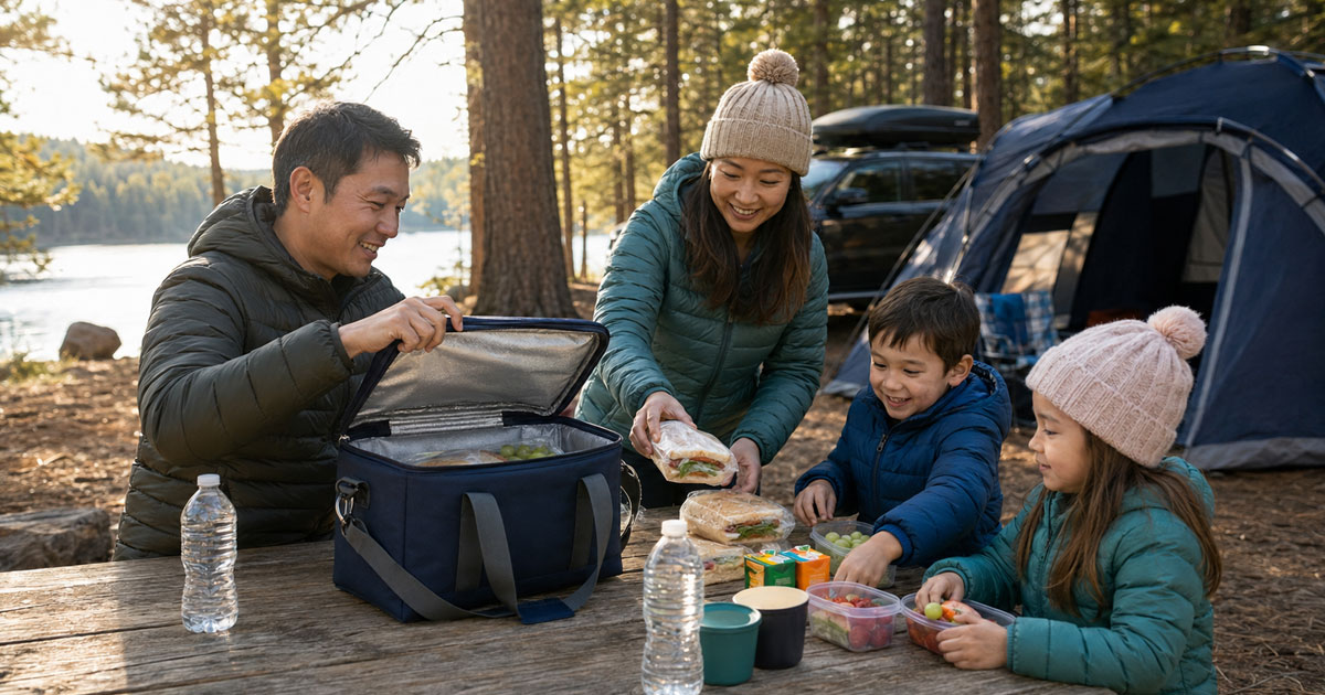 family unpacking soft cooler for a camping picnic lunch