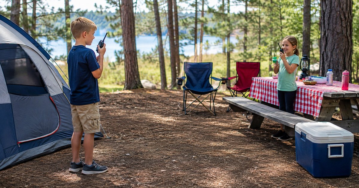 kids using walkie talkies for kids at a family campsite