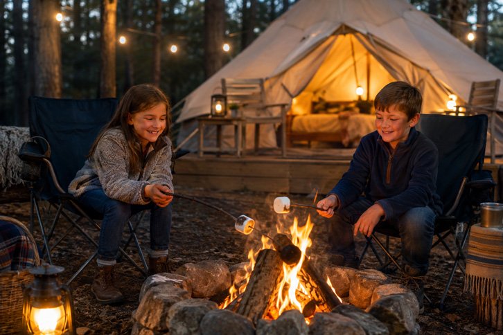 Kids roasting marshmallows on a family outdoor trip