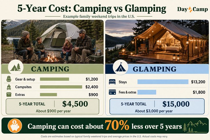 Camping vs glamping cost comparison over five years