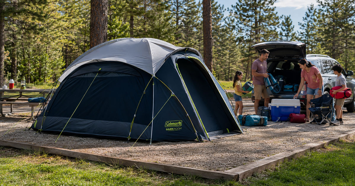 "Coleman Skydome Dark Room tent set up at a family campsite