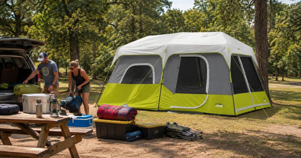 Core Instant Cabin 9 Tent Review (Bought & Tested!) - Core 9-Person Instant Cabin Tent set up at a family campsite
