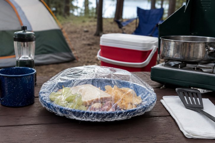 dollar store shower cap hack covering food at a campsite to keep bugs off