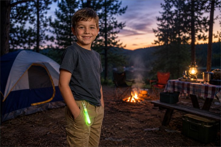 kid wearing a glow stick for nighttime camping safety and visibility