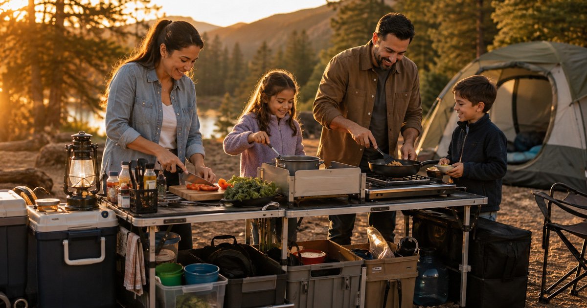 Family cooking dinner at a portable camp kitchen station