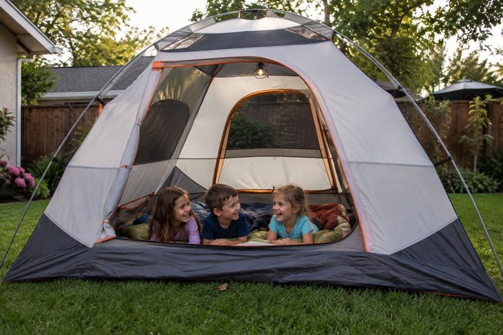 Kids testing out the family tent in the backyard before a camping trip - mistakes first time campers