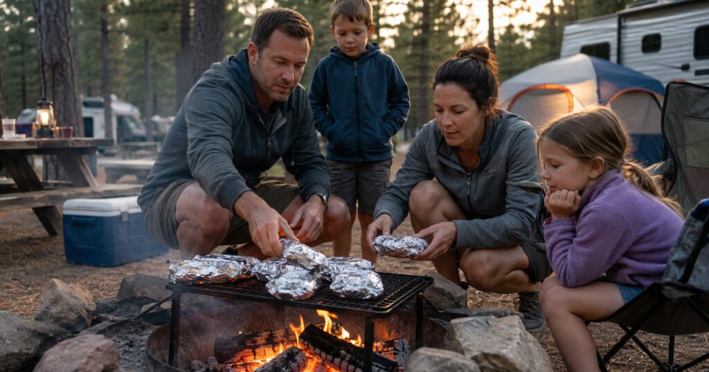 family cooking foil packet meals over campfire grate