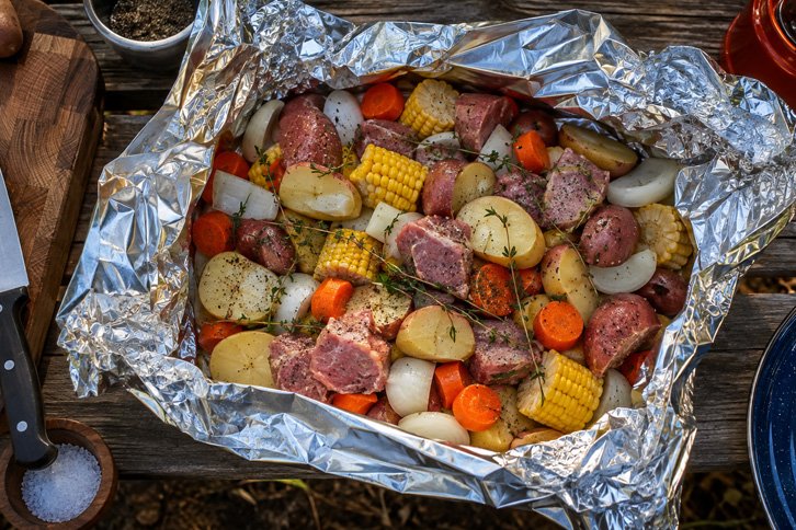 how to layer ingredients in a foil packet camping meal - foil packet meals camping