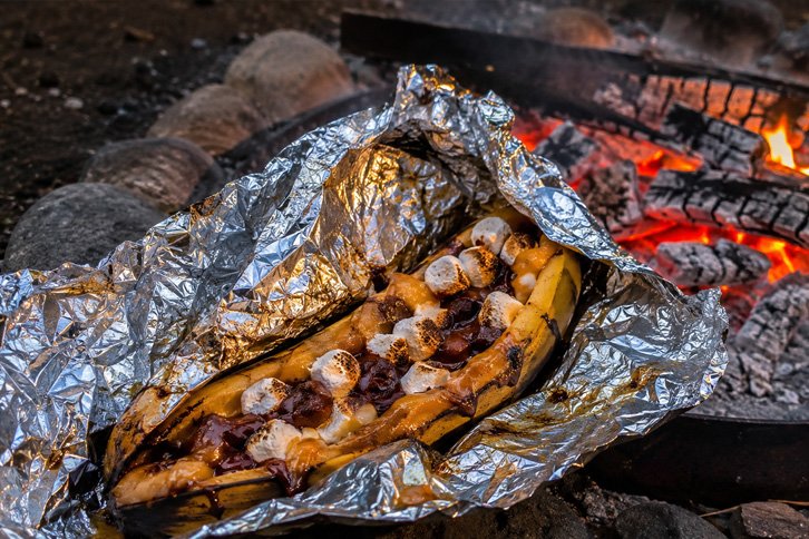 Foil Packet Meals for Campfire - banana boat foil packet camping dessert recipe
