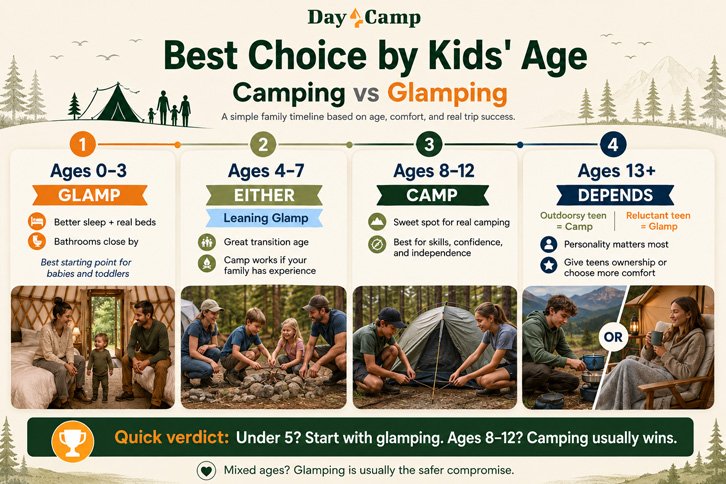 Camping or glamping by kids age guide