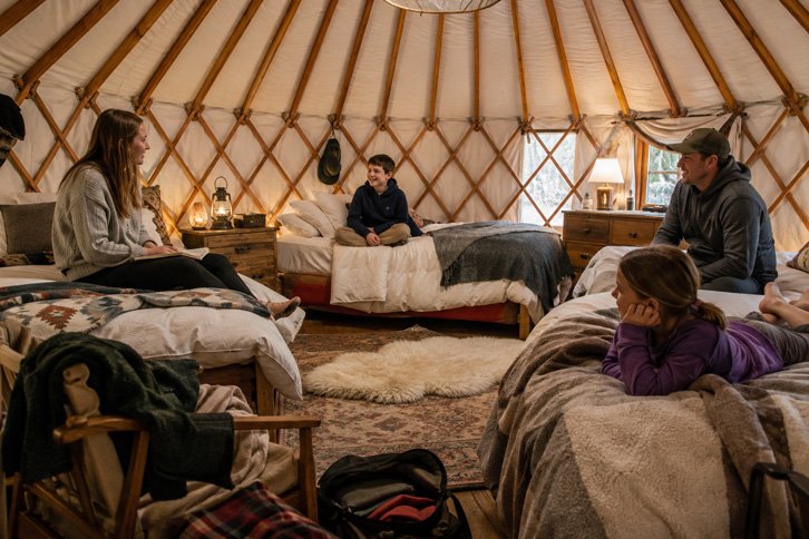 Family glamping in a furnished yurt