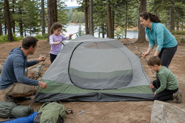 Family setting up a tent while traditional camping - camping vs glamping