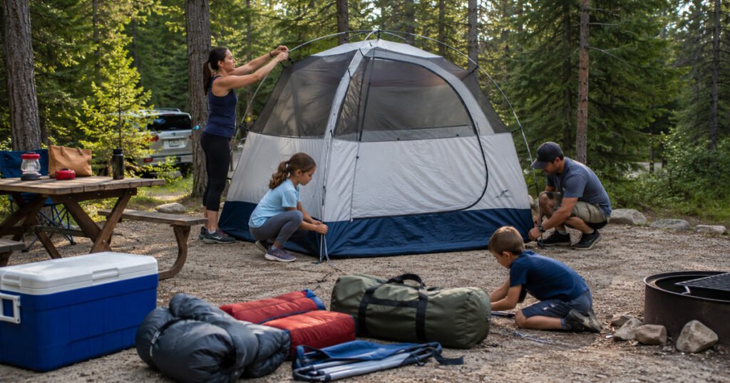 Family setting up a tent together at a campground before sunset
