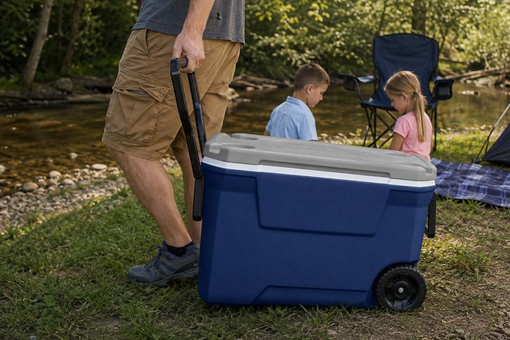 Coleman Xtreme 62qt wheeled cooler open at family campsite
