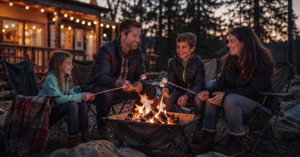 family roasting marshmallows around a Fireside Outdoor Pop-Up portable fire pit at a campsite