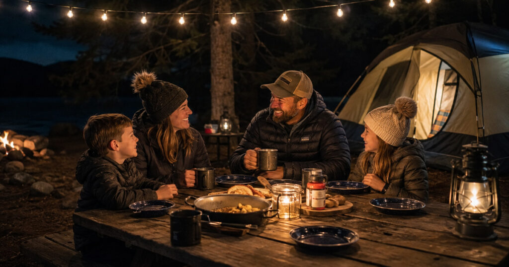 Family picnic table lit up with warm camping string lights at night