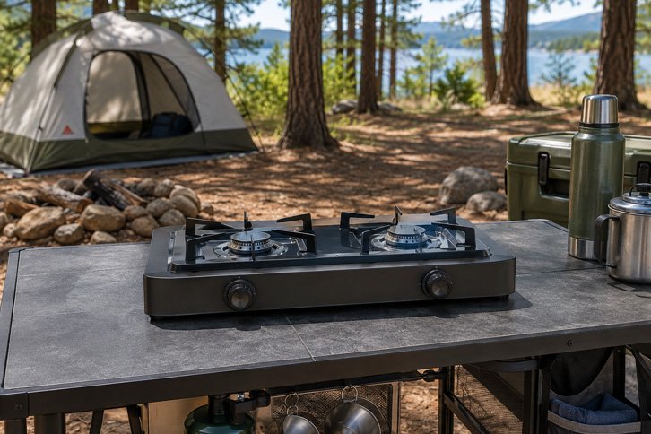 Camping stove set up on a heat-resistant camp kitchen table
